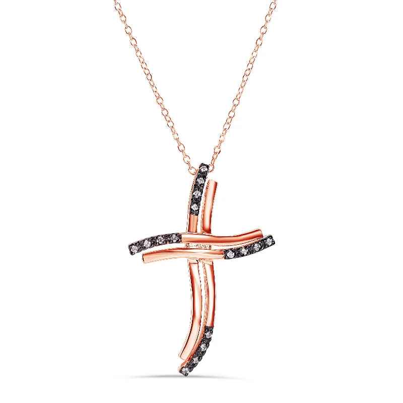 Personalized necklaces and pendants with initials for a customized and meaningful gift-Silver 925 Rose Gold Plated Cross Black Basket Clear CZ Necklace - BGP00691