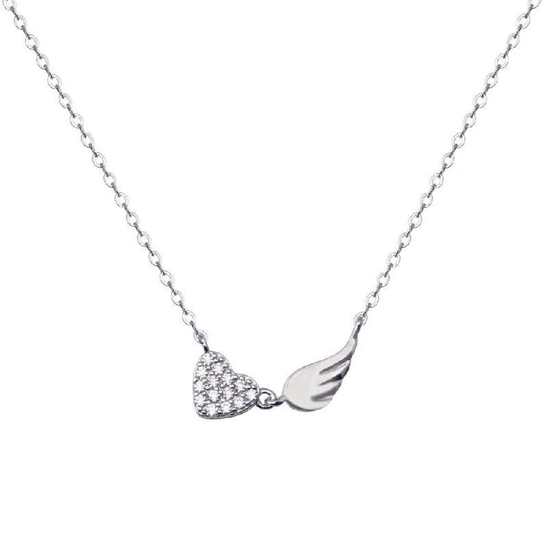 Necklaces and pendants with celestial starburst designs for a radiant look-Rhodium Plated 925 Sterling Silver Wing Heart Clear CZ Adjustable Necklace - STP01834