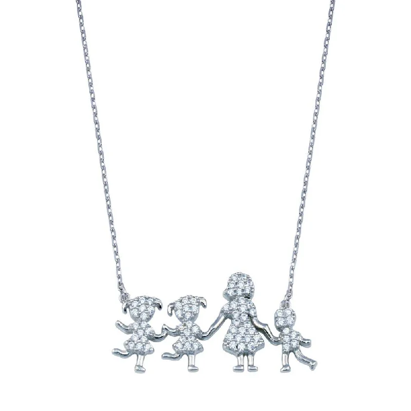 Beautiful necklaces and pendants with moonstone for an ethereal, mystical appearance-Rhodium Plated 925 Sterling Silver CZ Mother Two Daughters and Son Clear CZ Necklace - GMN00113