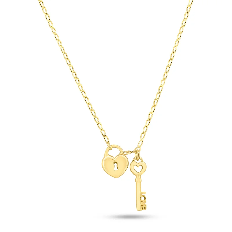 Stunning necklaces and pendants with sapphire gemstones for a luxurious blue hue-Gold Plated 925 Sterling Silver Medium Love Key and Heart Lock Necklace - ECN00072GP