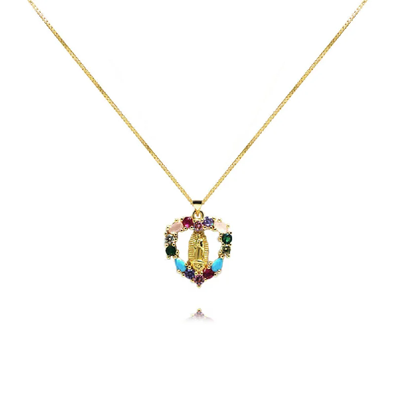 Stylish necklaces and pendants with diamonds for a glamorous and elegant look-Oval Heart-shaped Colored Zirconia Virgin Mary Virgencita Necklace