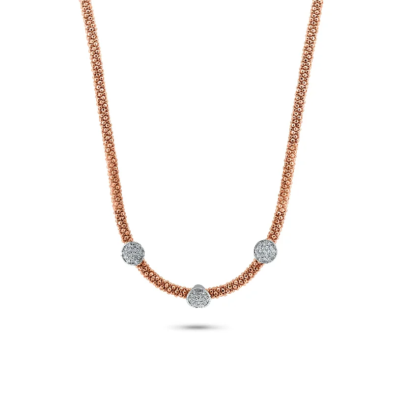 Beautiful necklaces and pendants with moon and star charms for a dreamy effect-Rose Gold Plated 925 Sterling Silver Beaded 3 CZ Disc Necklace - ITN00085RGP