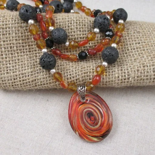 Necklaces and pendants with love knot designs for a romantic, meaningful symbol-Rustic Statement Necklace in Black Lava and Carnelian