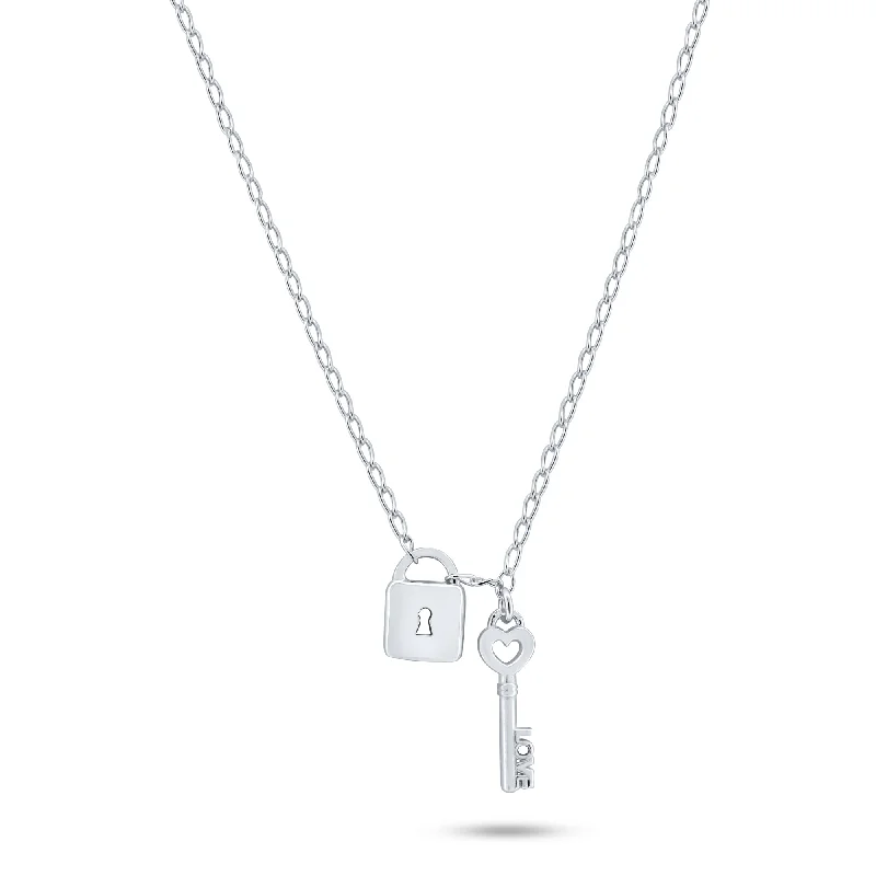 Best necklaces and pendants with gemstone clusters for a bold and colorful effect-Rhodium Plated 925 Sterling Silver Love Key and Lock Necklace - ECN00070RH