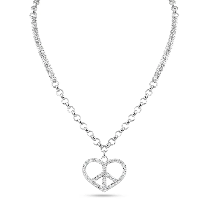 Fashionable necklaces and pendants with birthstones for a personalized gift idea-Rhodium Plated 925 Sterling Silver Double Chain Heart Peace Clear CZ Necklace - STP00867