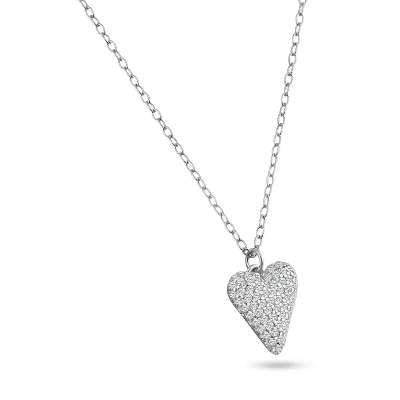 Necklaces and pendants with angel wing motifs for a spiritual, meaningful design-Rhodium Plated 925 Sterling Silver Heart Clear CZ Necklace - STP01844