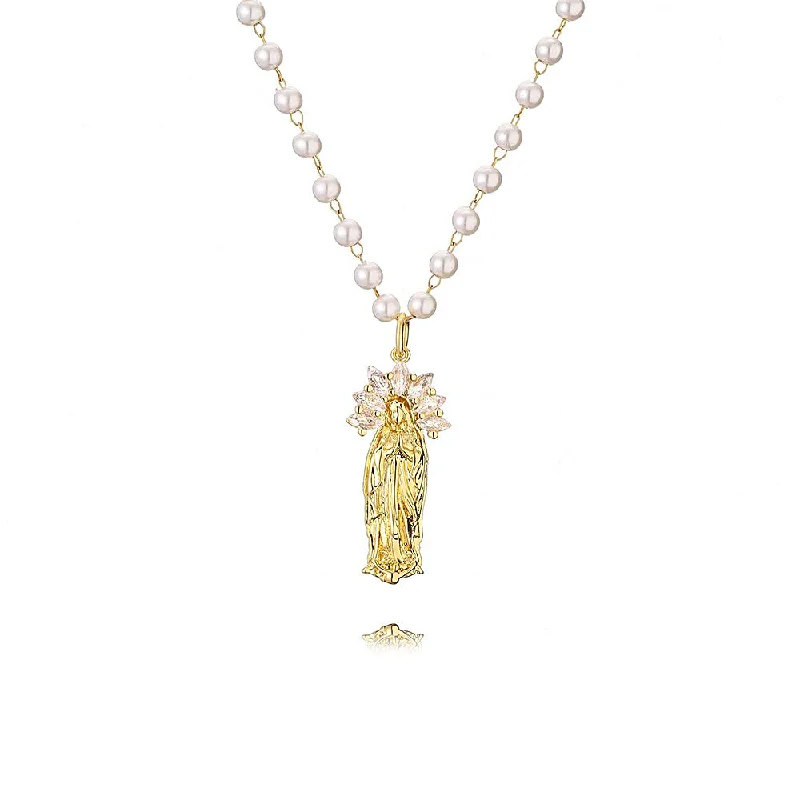 Best necklaces and pendants with gemstone clusters for a bold and colorful effect-Micropavé Fancy Diamond Pearl Chain Virgin Mary Necklaces