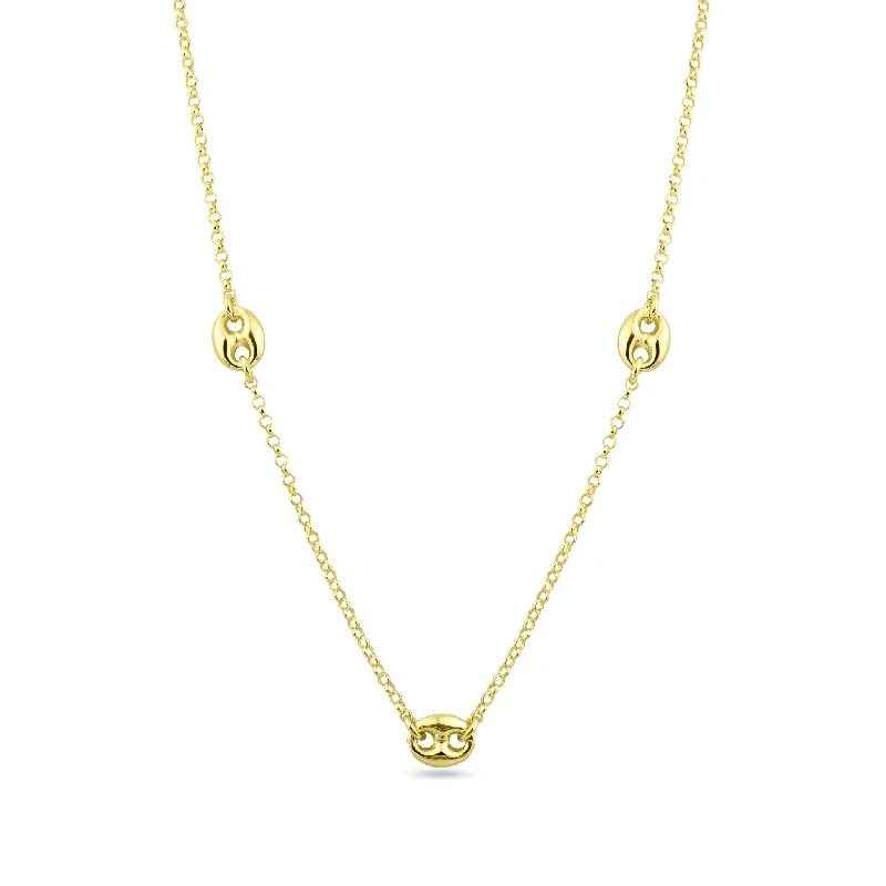 Necklaces and pendants with leaf-shaped designs for an earthy, organic feel-Gold Plated 925 Sterling Silver 3 Puffed Mariner Adjustable Link Necklace - ITN00158-GP