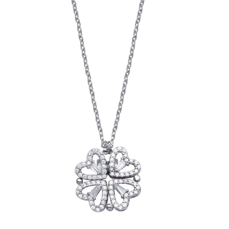 Best necklaces and pendants with heart-shaped designs for a romantic look-Rhodium Plated 925 Sterling Silver CZ Open Magnetic Flower Heart Necklace - STP01827