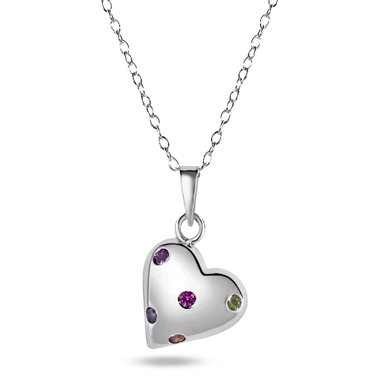 Best necklaces and pendants with art deco elements for a vintage, glamorous design-Rhodium Plated 925 Sterling Silver Multi Color CZ Heart Necklace - BGP01482