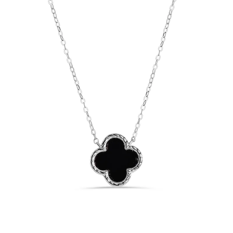 Best necklaces and pendants with zodiac signs for a celestial, astrology-inspired vibe-Rhodium Plated 925 Sterling Silver Black Enamel Four Leaf Clover Adjustable Necklace - STP01860-BLK