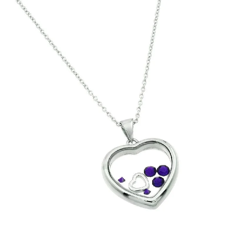 Beautiful necklaces and pendants with diamond halo settings for extra brilliance-Rhodium Plated 925 Sterling Silver CZ February Birthstone Glass Heart Necklace - STP01469FEB