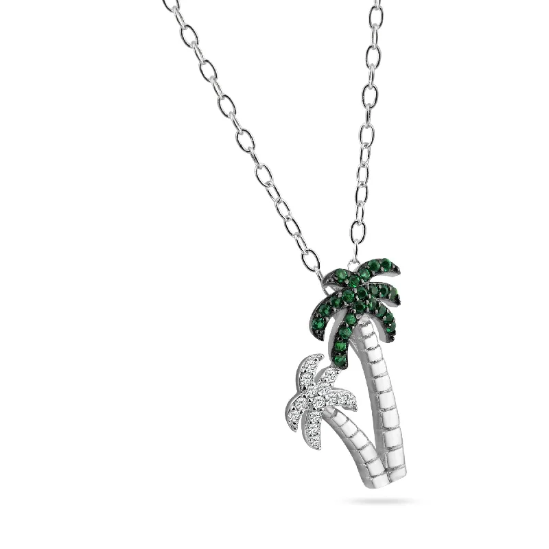 Best necklaces and pendants with butterfly pendants for a delicate, light style-Rhodium Plated 925 Sterling Silver Green and Clear Two Palm Tree Pendant Necklace - BGP01458