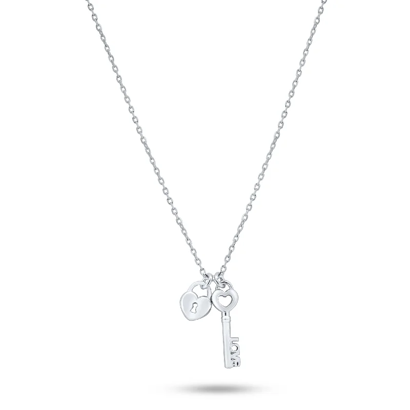 Elegant necklaces and pendants with diamond accents for added sparkle-Rhodium Plated 925 Sterling Silver Small Love Key and Heart Lock Necklace - ECN00071RH