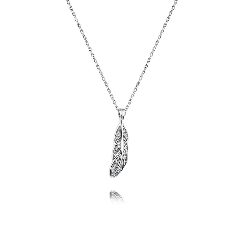 Unique necklaces and pendants with custom birthstone arrangements for personalization-Sterling Silver Gold Plated Cubic Zirconia Leaf Feather Necklace