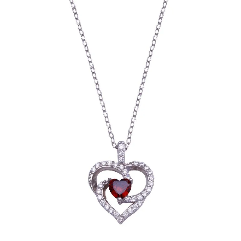 Best necklaces and pendants with crystal accents for a sparkling and elegant style-Rhodium Plated 925 Sterling Silver Clear and Red  Heart Necklace - BGP01439