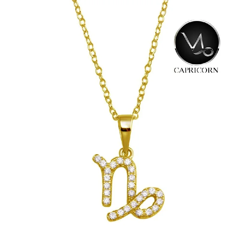 Trendy necklaces and pendants with statement pieces for a bold fashion statement-Gold Plated 925 Sterling Silver Capricorn CZ Zodiac Sign Necklace - BGP01339GP