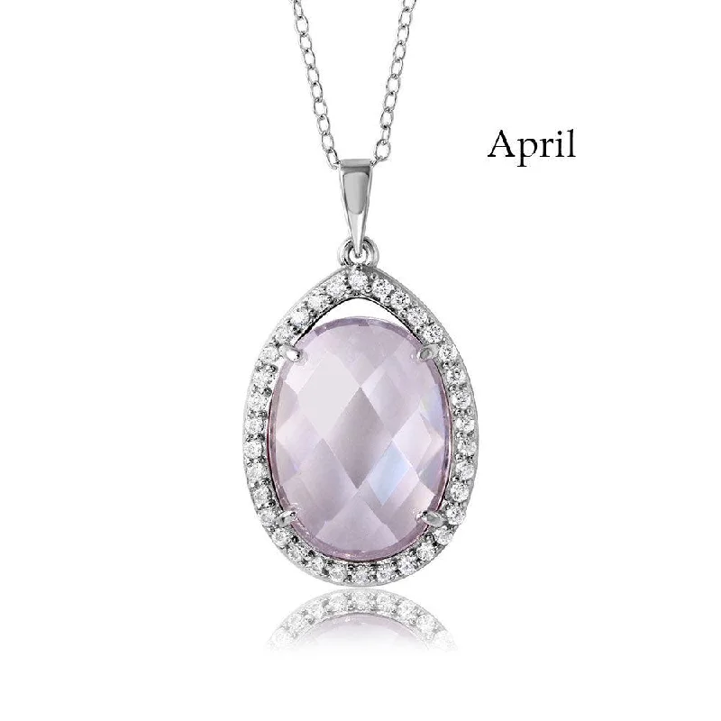 Unique necklaces and pendants with vintage-inspired designs for timeless appeal-Rhodium Plated 925 Sterling Silver Oval CZ April Birthstone Necklace - BGP01034APR