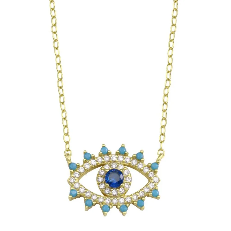 Simple necklaces and pendants with bar pendants for a sleek modern design-Gold Plated 925 Sterling Silver Evil Eye Blue CZ Necklace - STP01772GP