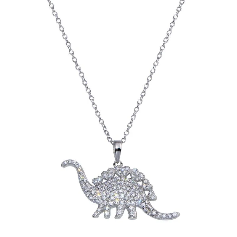 Beautiful necklaces and pendants with butterfly motifs for a whimsical style-Rhodium Plated 925 Sterling Silver Dinosaur CZ Necklace - STP01805