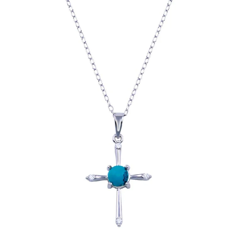 Best necklaces and pendants with adjustable chains for a customizable fit-Rhodium Plated 925 Sterling Silver Cross Turquoise CZ Necklace - BGP01415