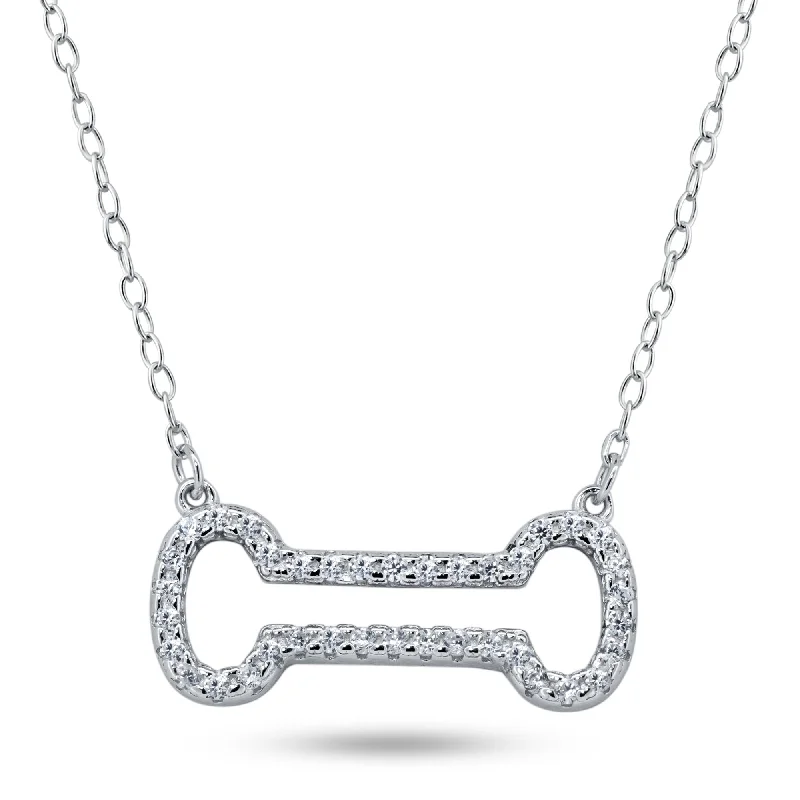 Beautiful necklaces and pendants with geometric shapes for a modern, artistic design-Rhodium Plated 925 Sterling Silver Open Dog Bone CZ Necklace - BGP01448