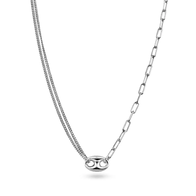 Stunning necklaces and pendants with ruby and diamond combinations for a luxurious effect-Rhodium Plated 925 Sterling Silver Puffed Mariner Double Strand Curb and Single Paperclip Adjustable Link Necklace - ITN00157-RH