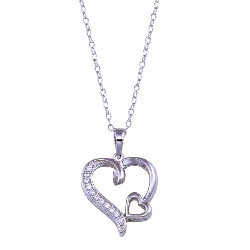 Necklaces and pendants with diamond pendants for a luxurious sparkling effect-Rhodium Plated 925 Sterling Silver Double Heart CZ Necklace - BGP01435