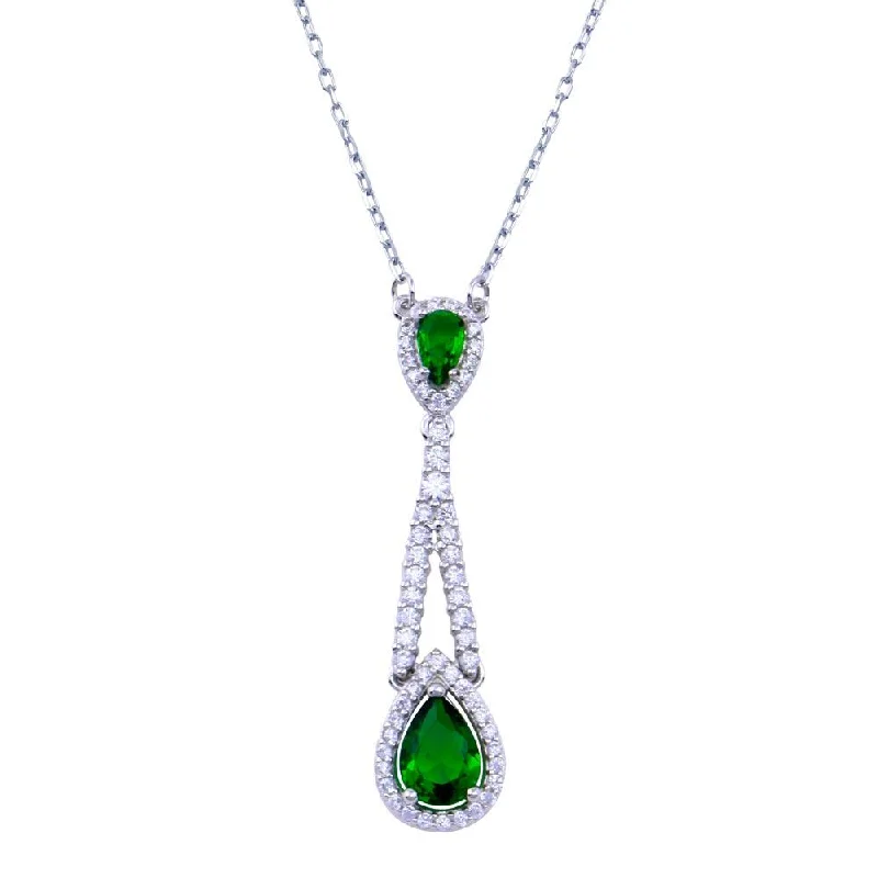 Unique necklaces and pendants with artistic shapes for a creative, one-of-a-kind design-Rhodium Plated 925 Sterling Silver Teardrop Green CZ Necklace - BGP01423