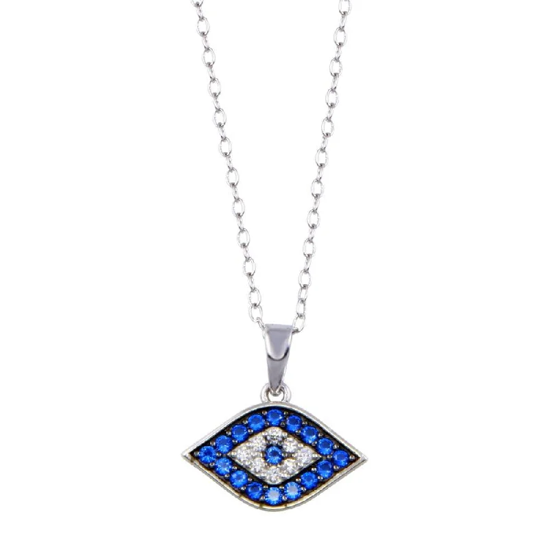 Stunning necklaces and pendants with ruby and diamond combinations for a luxurious effect-Rhodium Plated 925 Sterling Silver  Evil Eye Blue and Clear CZ Necklace - BGP01411