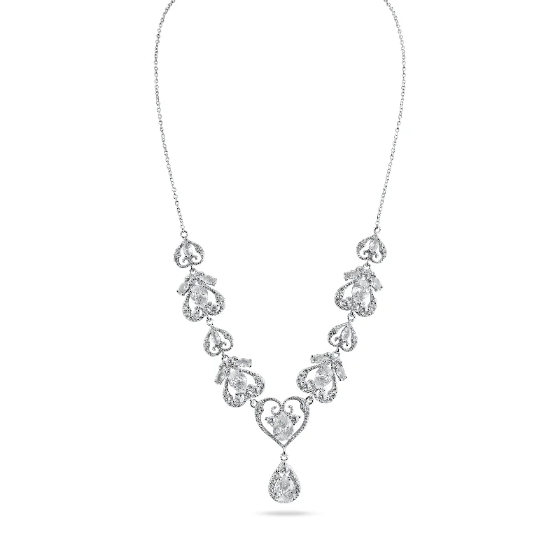 Necklaces and pendants with star-shaped designs for a whimsical, celestial touch-Rhodium Plated 925 Sterling Silver Victorian Hearts Teardrop Clear CZ Necklace - STP01841