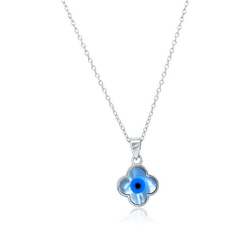 Unique necklaces and pendants with engraved messages for a sentimental gift-Rhodium Plated 925 Sterling Silver Flower Evil Eye Mother of Pearl Necklace - AAP00004