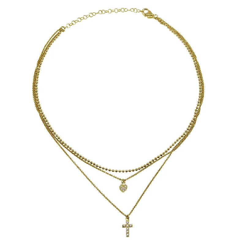 Necklaces and pendants with diamond pendants for a luxurious sparkling effect-Gold Plated 925 Sterling Silver Triple Beaded Chain CZ Heart, Cross Necklace - ITN00123GP