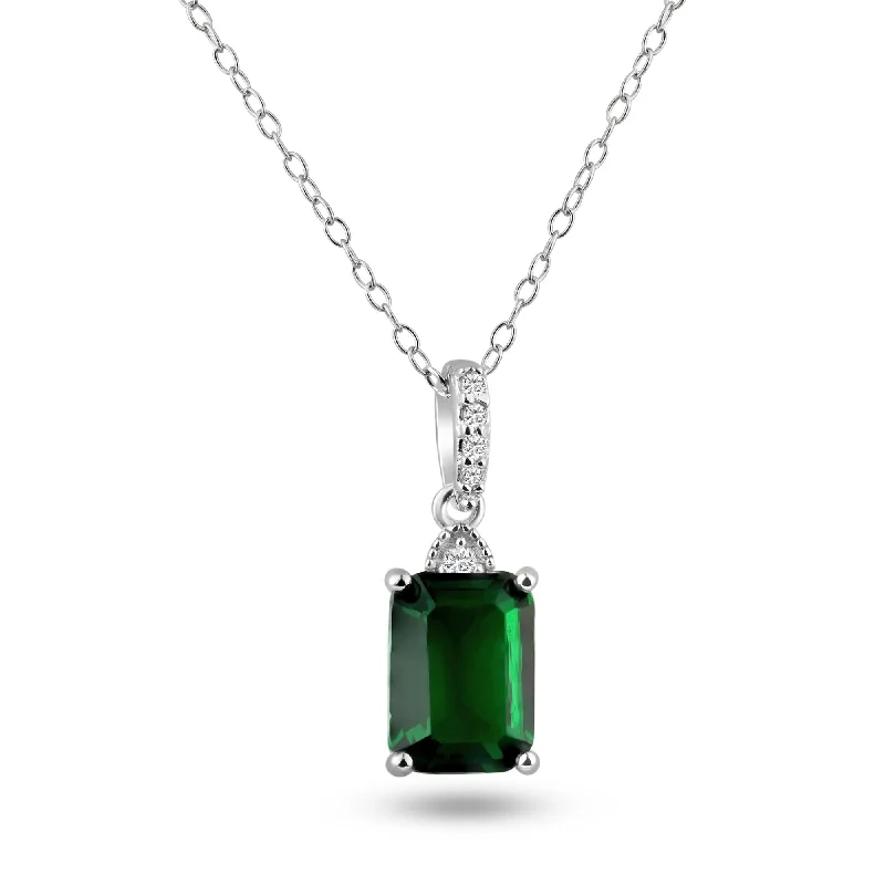 Best necklaces and pendants with turquoise stones for a vibrant boho-chic look-Rhodium Plated 925 Sterling Silver Green Rectangle CZ Pendant Necklace - BGP01462