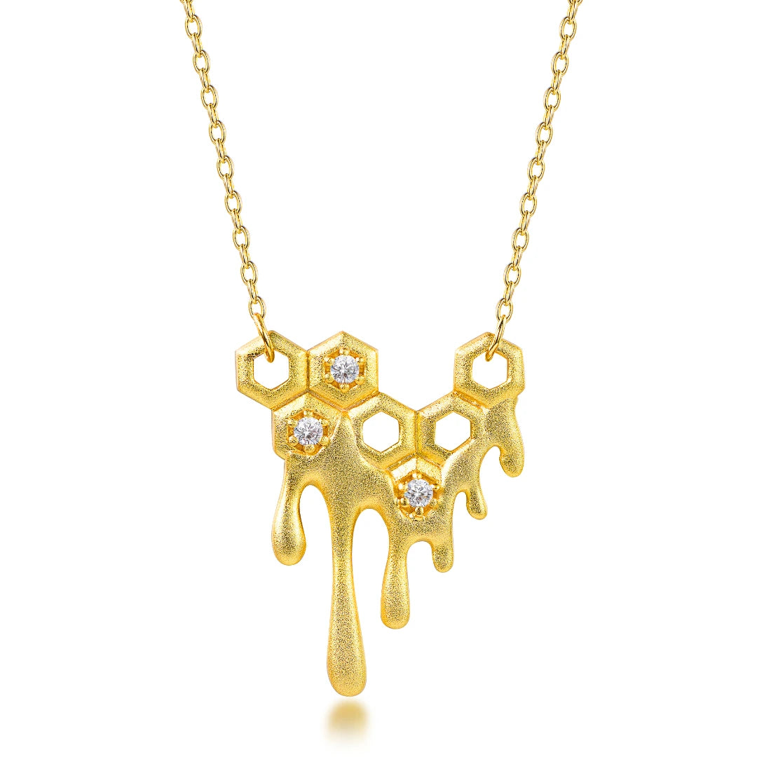 Necklaces and pendants with matching rings for a coordinated set of jewelry-Honeycomb With Dripping Honey Pendant Chain Necklaces Life With MaK’s Honeycomb Bee Kind Jewelry Collection