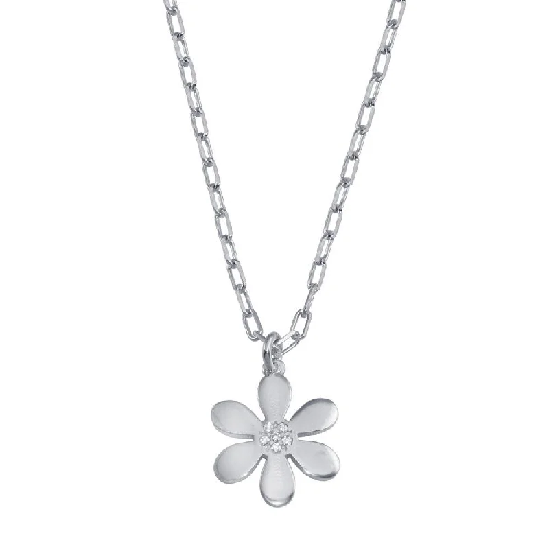 Elegant necklaces and pendants with infinity symbols for timeless designs-Rhodium Plated 925 Sterling Silver Paperclip Chain Flower CZ Necklace - ITN00154-RH