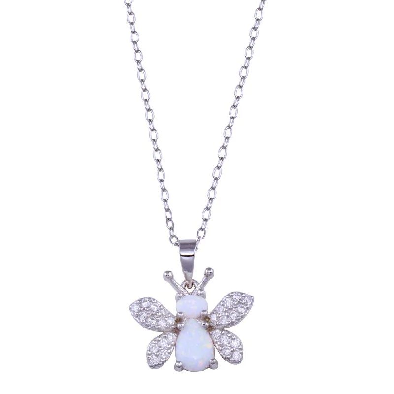 Best necklaces and pendants with floral designs for a feminine and elegant feel-Rhodium Plated 925 Sterling Silver Butterfly Synthetic Opal CZ Necklace - BGP01436