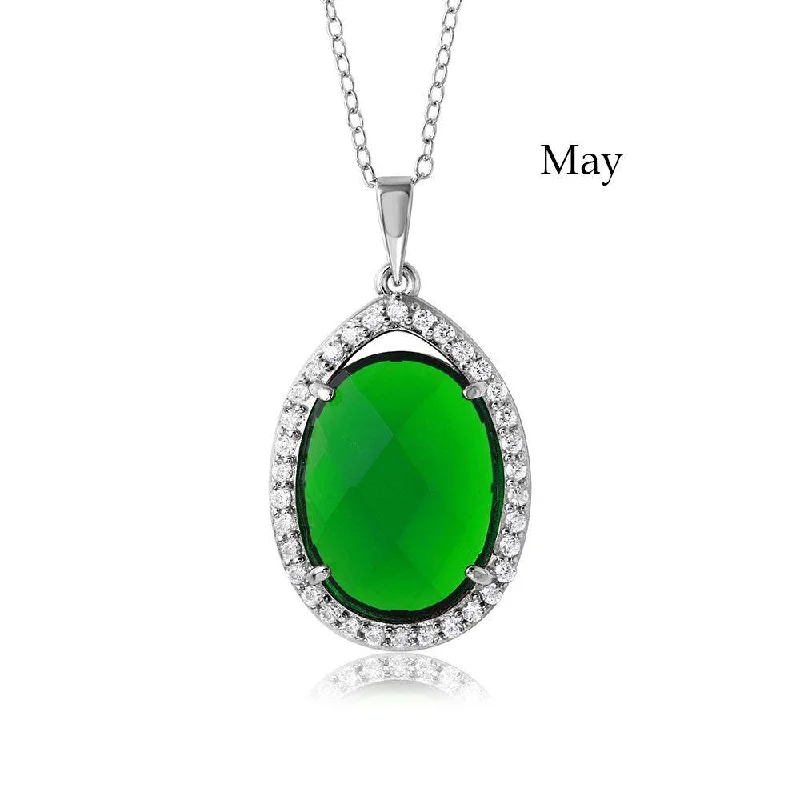 Necklaces and pendants with pearls for a classic and sophisticated touch-Rhodium Plated 925 Sterling Silver Oval CZ May Birthstone Necklace - BGP01034MAY