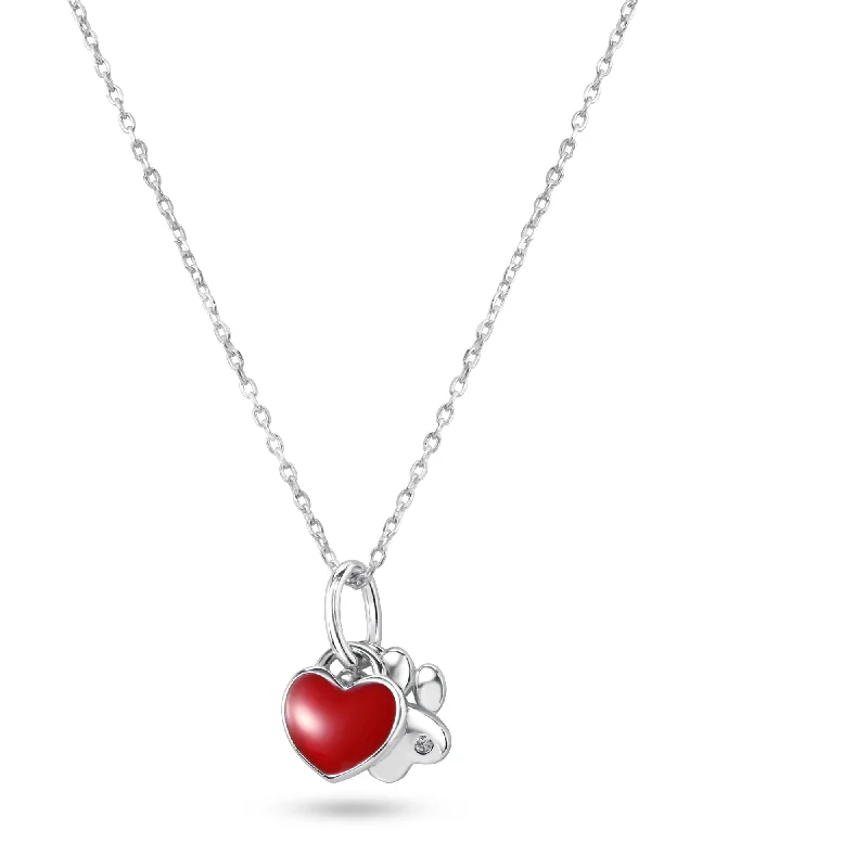 Necklaces and pendants with love knot designs for a romantic, meaningful symbol-Rhodium Plated 925 Sterling Silver Dog Paw Red Enamel Heart Pendant Necklace - STP01854