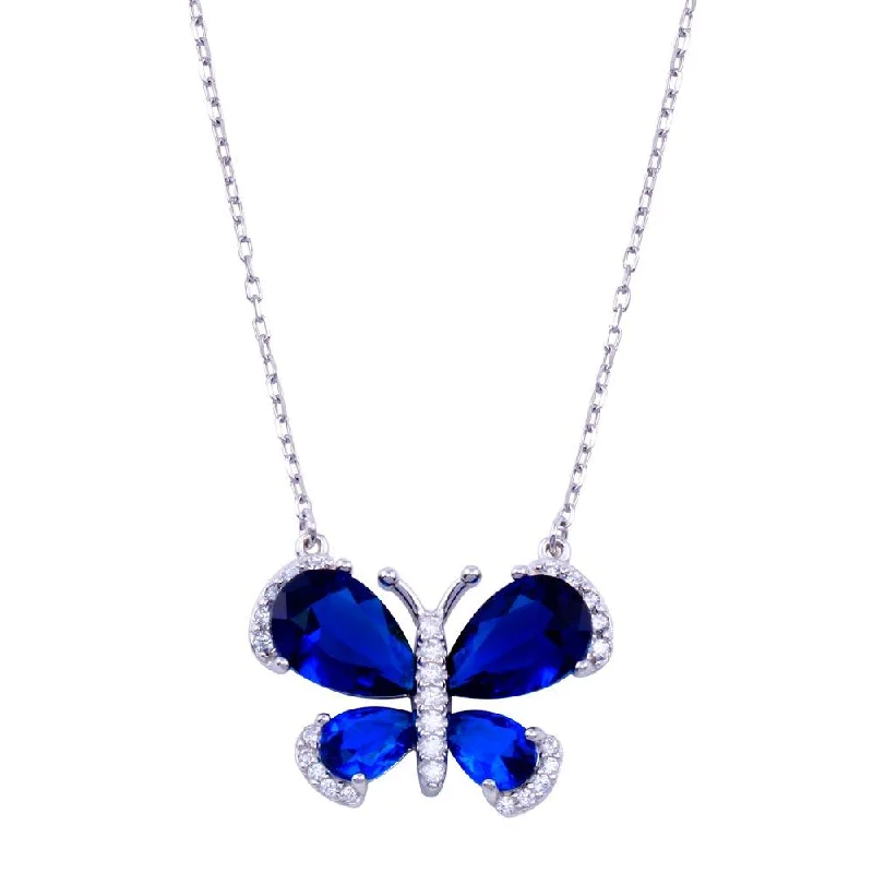 Unique necklaces and pendants with custom birthstone arrangements for personalization-Rhodium Plated 925 Sterling Silver Butterfly Clear and Blue CZ Necklace - BGP01421