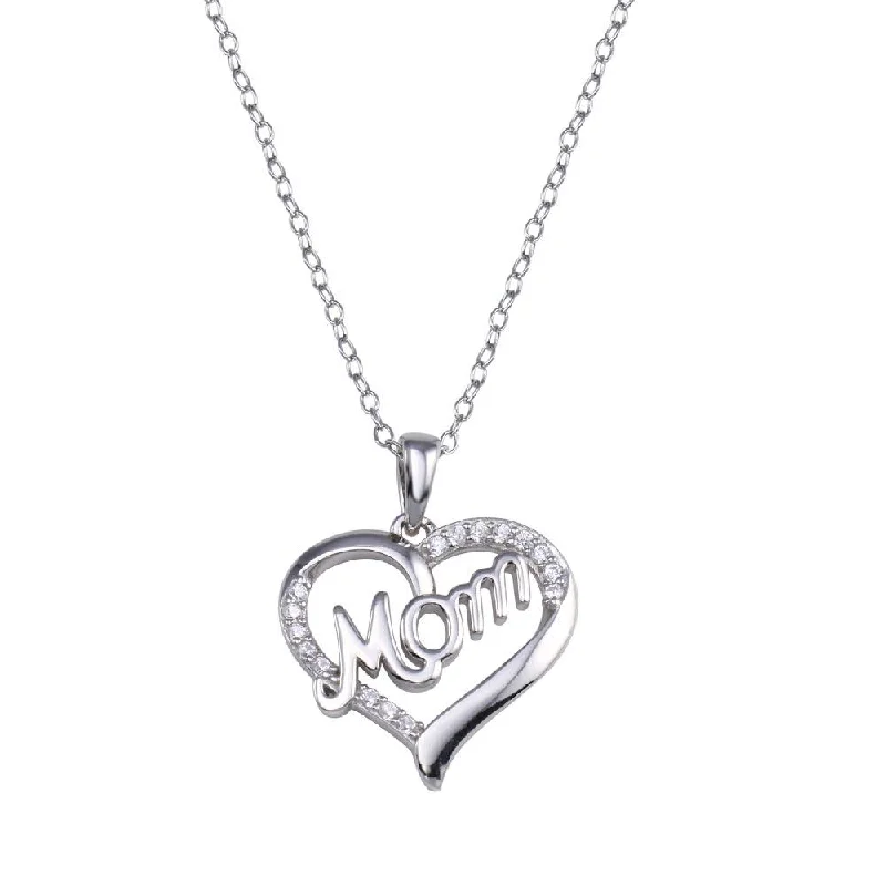 Best necklaces and pendants with intricate filigree for vintage-inspired elegance-Rhodium Plated 925 Sterling Silver Clear CZ Heart MOM Necklace - STP01771