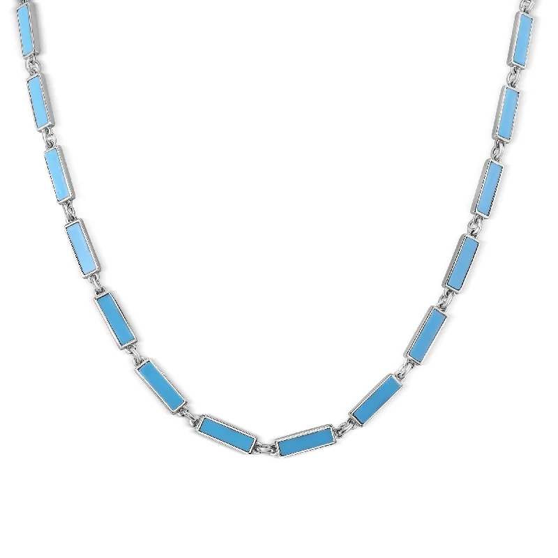 Necklaces and pendants with crescent moon designs for a celestial and mystical feel-Rhodium Plated 925 Sterling Silver Light Blue Turquoise Stone Bar Link Necklace - BGP01483