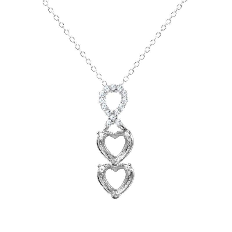 Unique necklaces and pendants with custom birthstone arrangements for personalization-Rhodium Plated 925 Sterling Silver Personalized Ribbon 2 Hearts Drop Mounting Necklace - BGP01383RHD