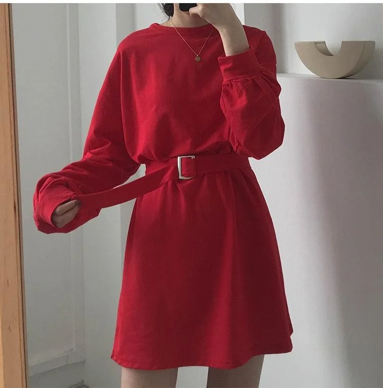 Ruffled Dresses for Girly -Solid color long-sleeved lace-up waist skirt dress