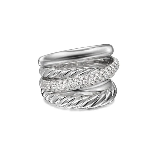 Rings with adjustable bands for perfect fit -Crossover Five Row Ring in Sterling Silver with Diamonds, 17.5mm, Size 6