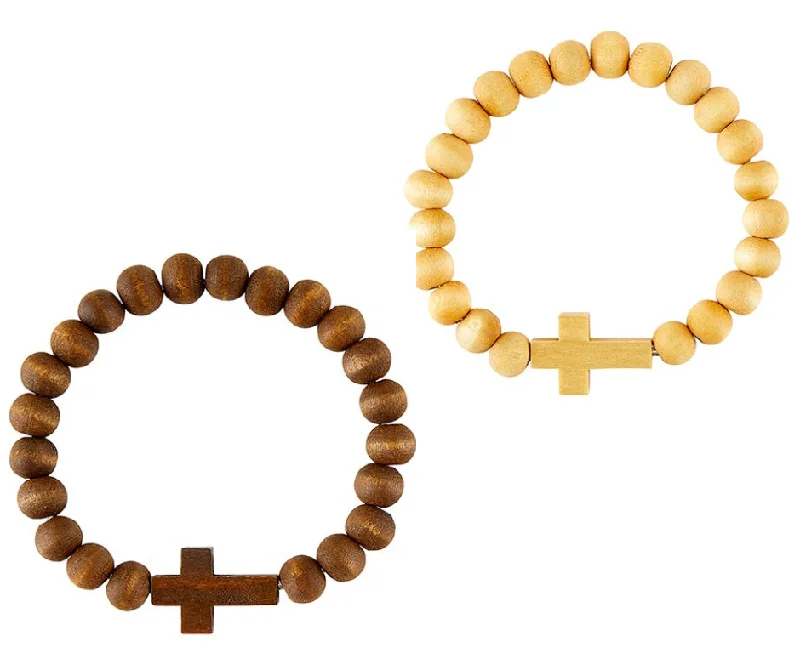 Bracelets with lotus motifs for spiritual vibe -Wood Bead Cross Bracelet