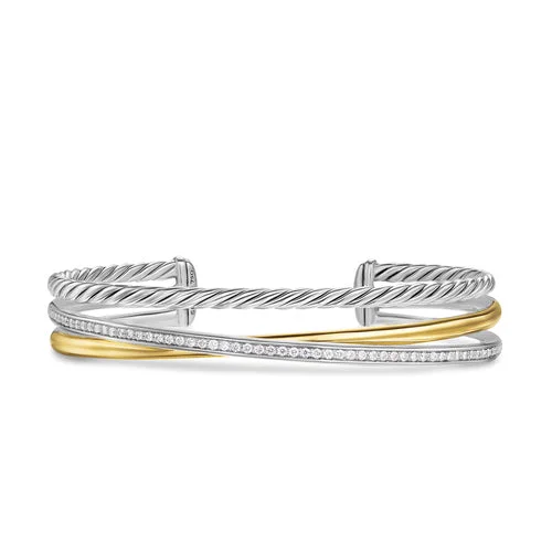 Bracelets with woven leather for rustic style -Crossover Three Row Bracelet in Sterling Silver with 18K Yellow Gold and Diamonds, 11mm, Size Large