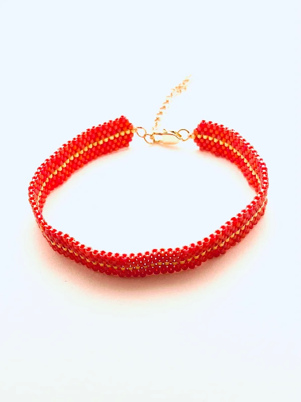 Bracelets with sleek topaz for icy shine -Beaded Stripe Bracelet, Red and Gold