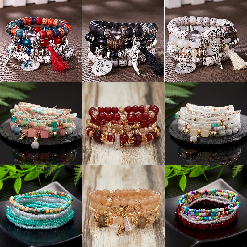 Bangles with claw-set tourmaline for vibrancy -Wholesale Bohemian Wings Tassel Rice Beads Beaded Bracelet