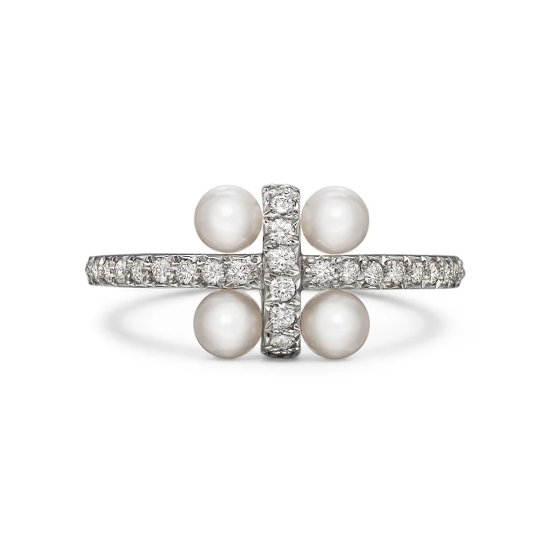 Platinum rings with sparkling sapphire center stones -Girl Interrupted Diamond and Pearl Ring in White Gold